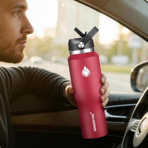 40oz Water Bottle Wide Mouth Stainless Steel Vacuum Insulated Double Wall with Straw Lids Fit in Any Car Cup Holder (Red / 40 Ounces)