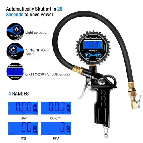 Digital Tire Inflator Portable Pressure Gauge 250 PSI Air Chuck (Tire Inflator Gauge Style 1)