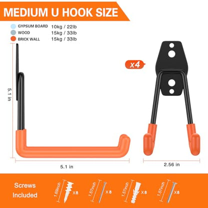 Garage Hooks Heavy Duty 4 Pack (5.1inch U Hook / Orange Medium U Hook)