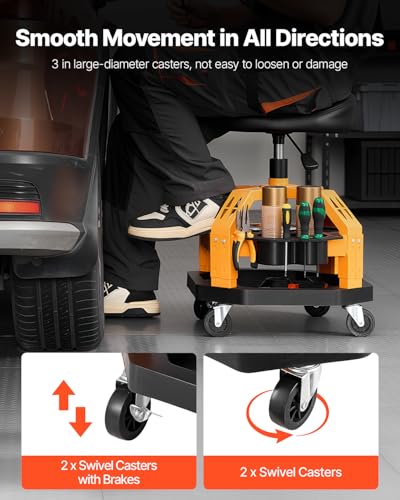 Mechanic Stool Dual Storage Trays Rolling Stool and Garage Stool with Adjustable Height 23.6 (Yellow)