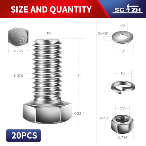 1/2-13 x 1 Hex Head Screw Bolt, Nuts, Flat & Lock Washers, 20Pcs 18-8 (304) Stainless Steel, Fully Threaded, by SG TZH (1/2-13 x 1" / Silver)