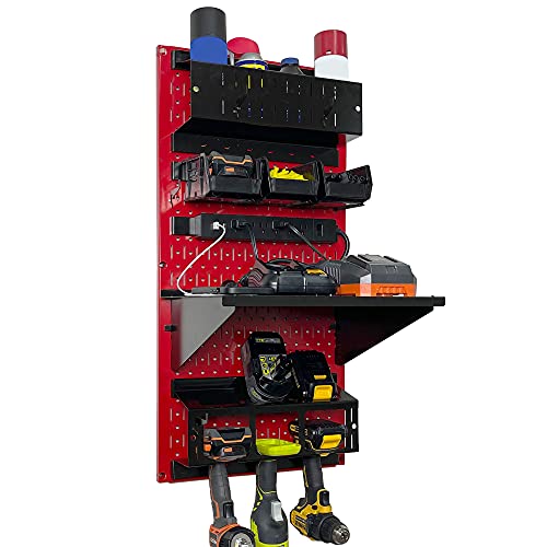 Power Tool Storage Organizer Kit Cordless Drill Holder Charging Station Rack 16” x 32” Metal Pegboard Organization System (Red Pegboard)