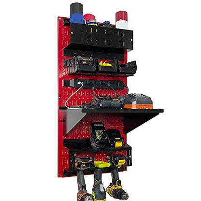 Power Tool Storage Organizer Kit Cordless Drill Holder Charging Station Rack 16” x 32” Metal Pegboard Organization System (Red Pegboard)
