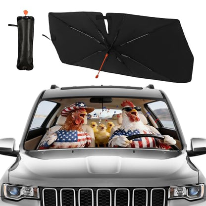 American Flag Chicken Car Windshield Sunshade Umbrella Funny Rooster Singing Sun Shade for Car Windshield Umbrella Upgraded Sunshades Blocks UV & Heat Front Window Shades for SUV Sedan Auto (One Size / Style22)