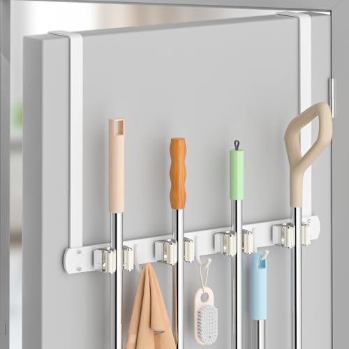 Broom Holder Over The Door with Hooks (White)