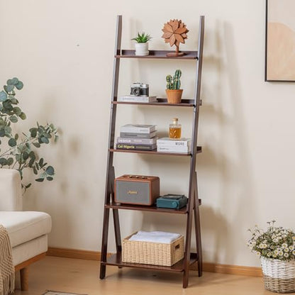 Bamboo Ladder Shelf Bookcase (5 Tier / Walnut)