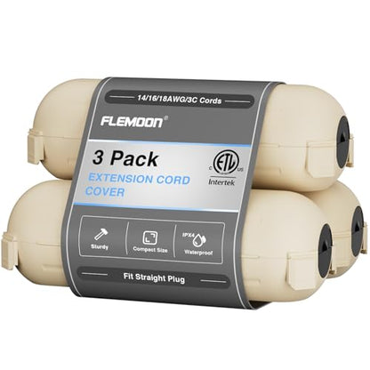 3 Pack] Flemoon Outdoor Extension Cord Safety Cover with Waterproof Seal (Almond / Small Box: 5.3" L x 2" W x 2" H)
