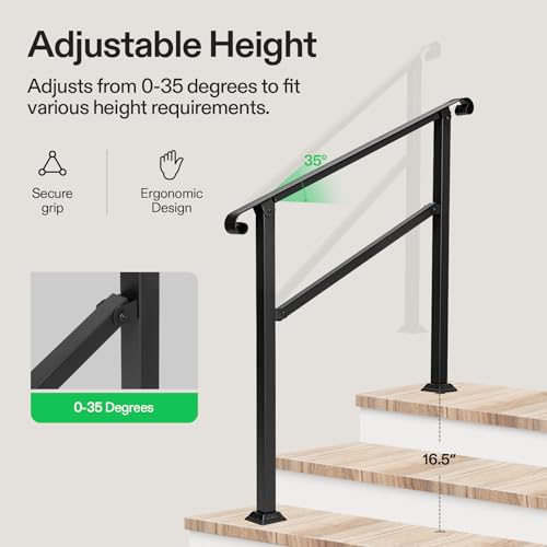 3 Step Stair Handrail 40"x36" Wrought Iron with Curved Ends Black (Black / 3 Steps)