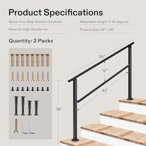 2-Pack 4-Step Stair Handrail 54"x36" Wrought Iron Porch Black (Black / 4 Steps)