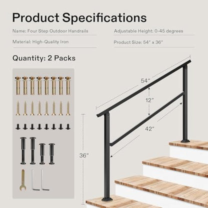 2-Pack 4-Step Stair Handrail 54"x36" Wrought Iron Porch Black (Black / 4 Steps)
