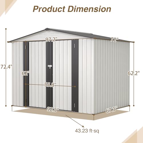 8x6 FT Outdoor Metal Storage Shed with Lockable Door & Floor Frame (White / 8x6 Ft)