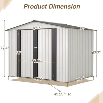 8x6 FT Outdoor Metal Storage Shed with Lockable Door & Floor Frame (White / 8x6 Ft)