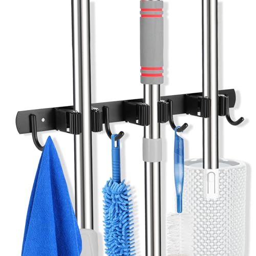 3 Racks and 4 Hooks Mop and Broom Holder Wall Mount (3 Racks 4 Hooks / Black)
