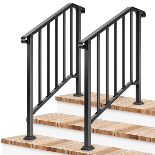 2-Pack 3-Step Railing 40"x36" Wrought Iron with Curved & Balusters (Black / 3 Steps)