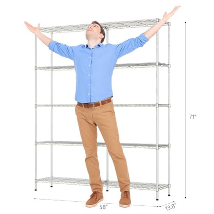 5 Tier Storage Shelves 1430LBS Heavy Duty Metal Shelving (Chrome / 58"W × 13.8"D × 71"H)
