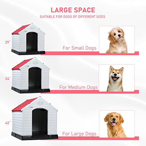 Durable Waterproof Plastic Dog House for Small to Large Sized Dogs (Red / 34"L x 31"W x 32"H)