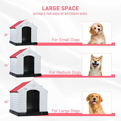 Durable Waterproof Plastic Dog House for Small to Large Sized Dogs (Red / 34"L x 31"W x 32"H)