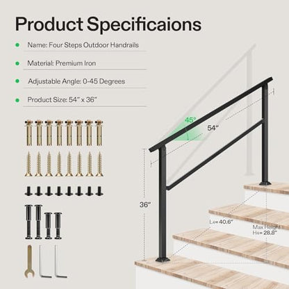 4 Step Stair Handrail 54"x36" Wrought Iron Porch Railing Black (Black / 4 Steps)