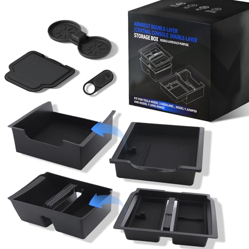 5PCS Double Layer Center Console Organizer Tray for Tesla Model Y Juniper 2025 2026 Accessories Refreshed Car Storage Tray Armrest Tray Insert Cup Holder Hidden Compartment Storage Box (Juniper (Style 3))