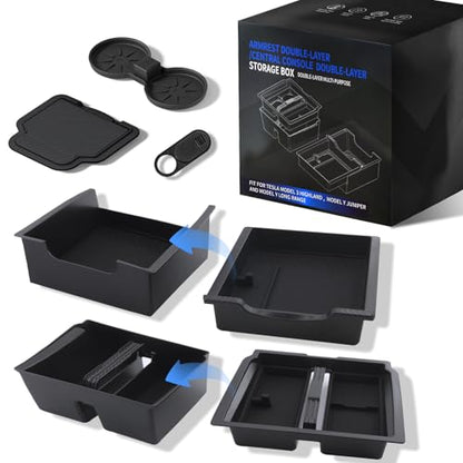 5PCS Double Layer Center Console Organizer Tray for Tesla Model Y Juniper 2025 2026 Accessories Refreshed Car Storage Tray Armrest Tray Insert Cup Holder Hidden Compartment Storage Box (Juniper (Style 3))