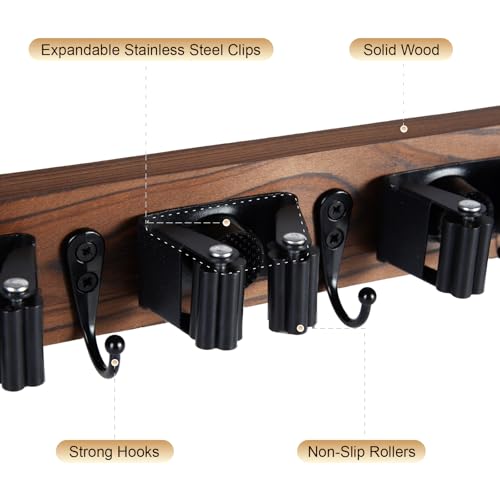 Broom Holder Wall Mount With 5 Slots & 4 Hooks (Brown)