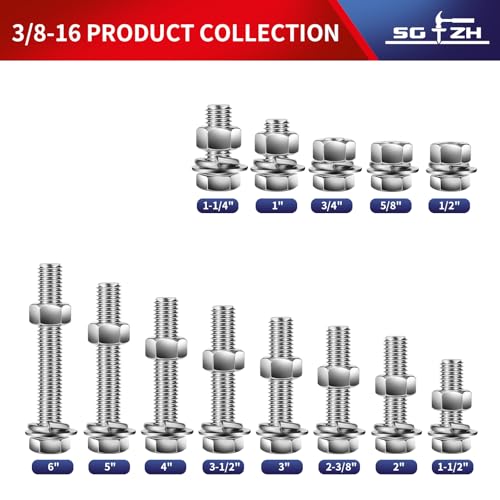 3/8-16 x 3 Hex Head Screw Bolt, Nuts, Flat & Lock Washers, 10Pcs 18-8 (304) Stainless Steel, Fully Threaded, by SG TZH (3/8-16 x 3" / Silver)