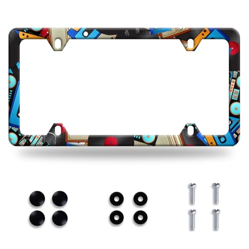 Music Cassettes License Plate Frame Stainless Steel Car Accessory 6x12 Inch (Retro Music Design)