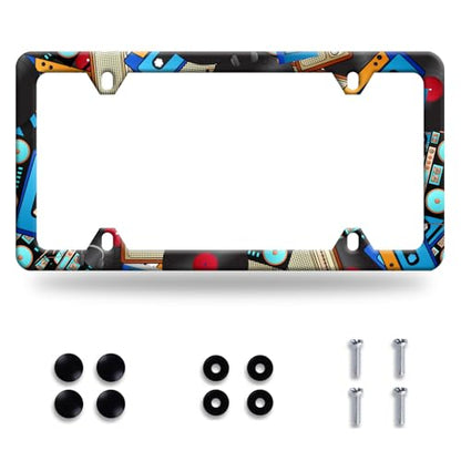 Music Cassettes License Plate Frame Stainless Steel Car Accessory 6x12 Inch (Retro Music Design)