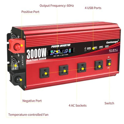 3000W Power Inverter 24V to 110V (Red / 3000W-24V)