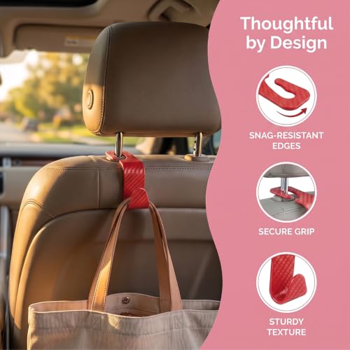 4 Pack Headrest Hooks for Vehicle Seats (Carbon Fiber/Red)