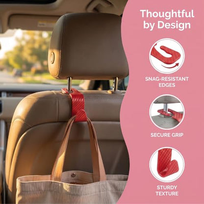 4 Pack Headrest Hooks for Vehicle Seats (Carbon Fiber/Red)