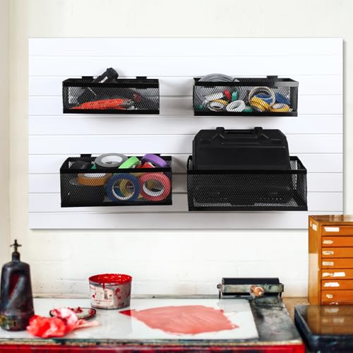 4 Pcs Black Slatwall Baskets 4 Size Metal Mesh Wire Basket for Slatwall Panels Ventilated Wall Mounted Hanging Accessories for Home Garage Retail Store Display (13.5,14.5,15.5,16.5 Inches)
