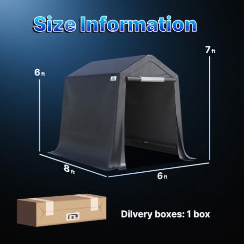 6x8 ft Outdoor Portable Storage Shelter Shed with 2 Roll up Zipper Doors & Vents Carport for Motorcycle Waterproof and UV Resistant Portable Garage Kit Tent (Dark Gray / 6'x8')