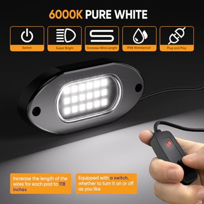 Pure White Rock Lights for Trucks 20 Pods with Switch 6000K (Pure White / 20 Pods)