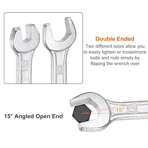 2pcs Double Open End Wrench 10mm x 15mm Metric 15 Degree Offset Angle Small Flat Head Wrench Galvanizing Open Ended Spanner for Automotive Repair Furniture Assembly (10mm x 15mm)