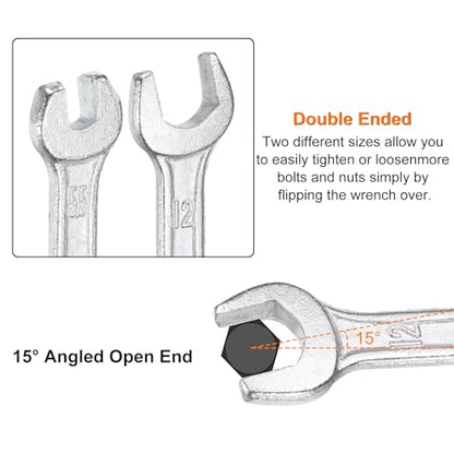 2pcs Double Open End Wrench 10mm x 15mm Metric 15 Degree Offset Angle Small Flat Head Wrench Galvanizing Open Ended Spanner for Automotive Repair Furniture Assembly (10mm x 15mm)