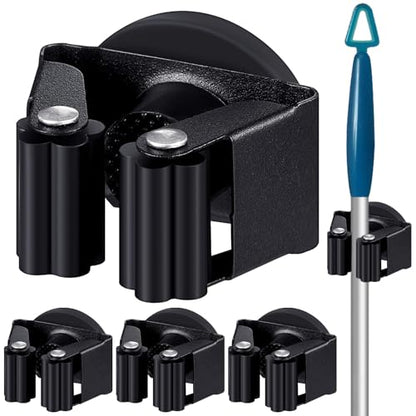 4 Pcs Magnetic Broom Holder Wall Mounted Anti Slip Rack (Black)
