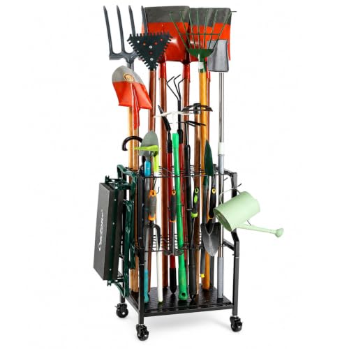 Garden Tool Organizer for Garage Corner (Quadrangel-Wheels-Black)