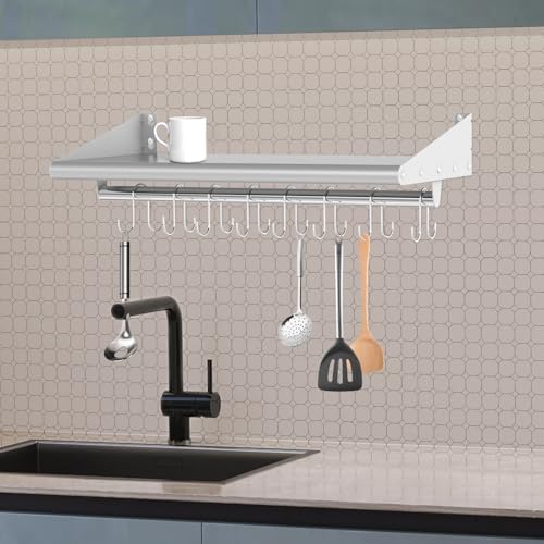 12" x 48" Stainless Steel Shelf Wall Mounted with 8 Hooks (12" x 48" / 1 Piece)