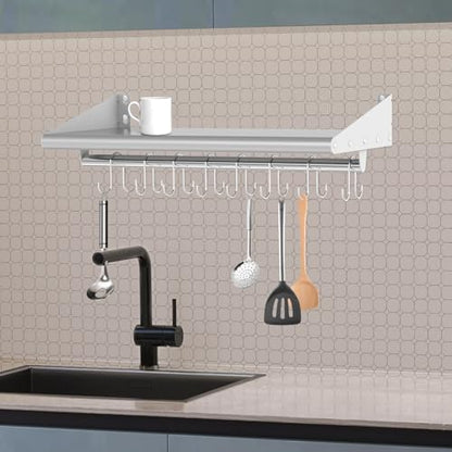 12" x 48" Stainless Steel Shelf Wall Mounted with 8 Hooks (12" x 48" / 1 Piece)