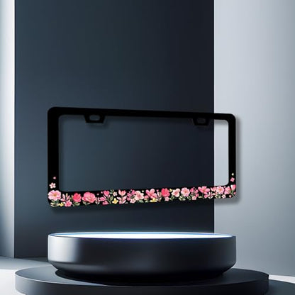 Pink Floral License Plate Frame Colorful Flower License Holder with 2 Holes (Pink Floral Flowers)