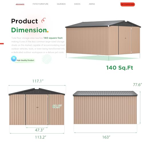 10' x 14' Large Waterproof Metal Garden Tool Shed (Gray / 10x14)