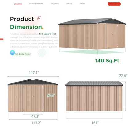 10' x 14' Large Waterproof Metal Garden Tool Shed (Gray / 10x14)