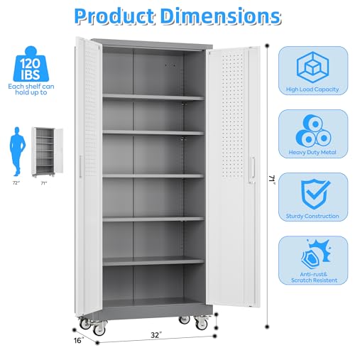 Metal Garage Cabinet with Wheels and Pegboard 71'' x 32'' x 16'' (Grey&white / 16"D x 32"W x 71"H)