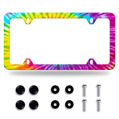 Tie Dye License Plate Frame Stainless Steel Cars Accessory 12.3x6.3 Inch (Colorful Hippie Tie Dye)