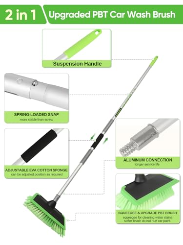 2 in 1 Car Wash Brush with Squeegee PBT Soft Bristle Truck Scrub Detail Brush 60” 151cm with Adjustable Long Handle for Interior Exterior Car Truck RV Boat Deck House Siding Cleaning Sweep Snow