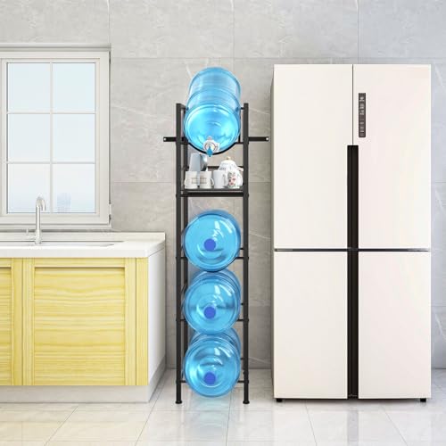 2-In-1 5 Gallon Water Jug Holder, 5 Tier Water Jug Stand Holder with 1 Dispenser Valves, 5 Gal Water Bottle Storage Rack Organizer for Kitchen, Office, Garage (11.02 inches x 11.02 inches x 55.51 inches)