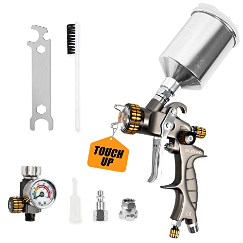 HVLP Touch Up Mini Air Spray Gun for Clearcoats 1.0mm Stainless Steel Nozzle 150ml Capacity 7.0CFM 22psi with Type 2 Adapter Air Control Valve and Filter Professional (150ML 1.0mm Tips)