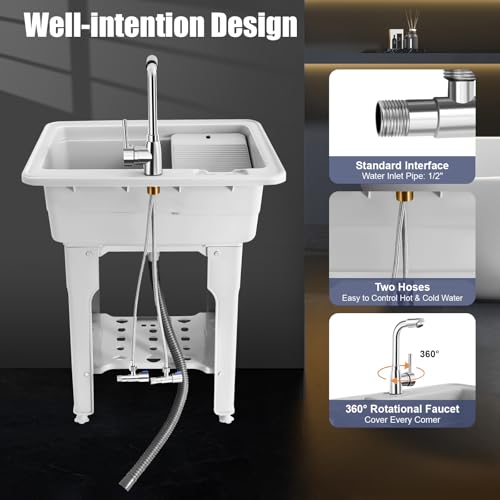 Freestanding Utility Sink Plastic Wash Station with Storage Shelf Indoor (F / Gray-25.6*21.65*31.5in)