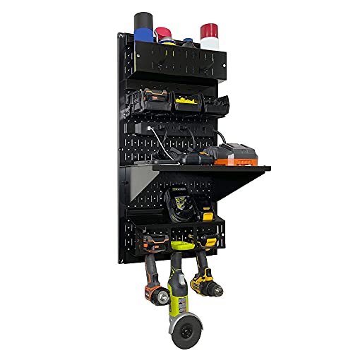Power Tool Storage Organizer Kit Cordless Drill Holder Charging Station Rack 16” x 32” Metal Pegboard Organization System (Black Pegboard)
